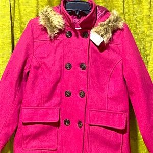 Never worn!!! Faux fur, magenta colored hooded coat